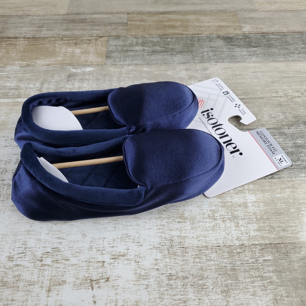 Isotoner Ivy Womens Moccasin Slippers Sz 9.5 - 10.5 Navy Spandex Velour Stretch